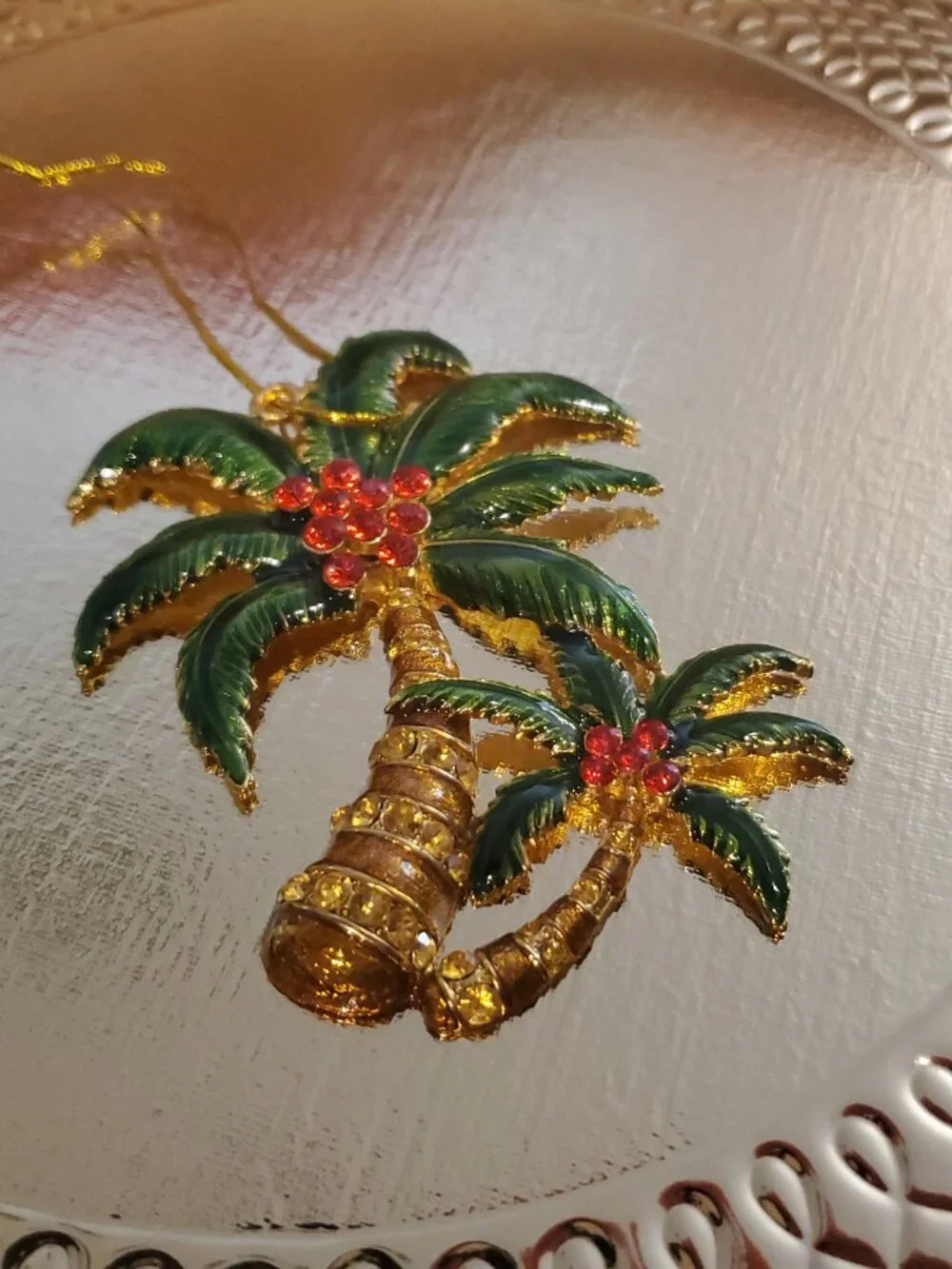 Double PALM TREE gold-tone red crystal clusters green enameled leaves ORNAMENT